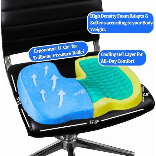 LuminaRest® Gel Seat Cushion for Long Sitting – CertiPUR-US® Certified Memory Foam – Tailbone Pain Relief Cushion, Adaptable for Office, Car, Airplane & Wheelchair – (Blue)