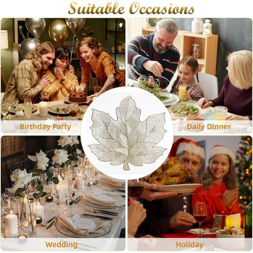 Gold Placemats Set of 8, Vinyl Table Mats Hollowed-Out Leaf Place Mats Dinner Table Decor Mats for Wedding Party Kitchen Decorations