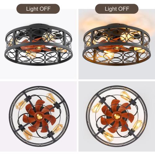 20 Caged Ceiling Fan with Light and Remote，Bladeless Ceiling Fan 6 Speed Reversible with 4 Bulbs and Remote Control.Low Profile Ceiling Fans with Lights for Bedroom, Dining Room