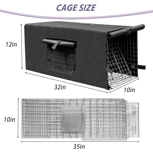 Live Feral Cat Trap Cage with Cover, Heavy Duty Folding Animal Traps Cage for Stray Cats, Humane Cat Trap for Raccoon, Squirrel, Skunk, Catch and Release - (32 x 10 x 12 inches)