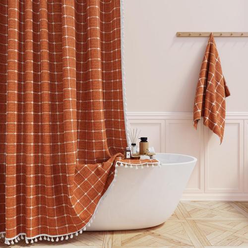 BTTN Boho Farmhouse Shower Curtain - Linen Rustic Heavy Duty Fabric Shower Curtain Set with Tassel, Water Repellent, Bohemian Vintage Country Cloth Shower Curtains for Bathroom - Burnt Orange -