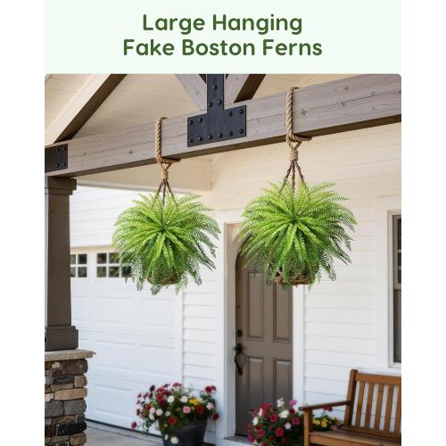 Velener 36 Inch Artificial Boston Fern Large Hanging Plant, Fake Fern Plants Bush Indoor for Home Decor, Faux Plants Outdoor, Garden, Office, Garden Decoration(Green)