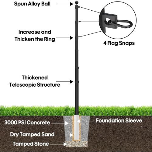 Black 16FT Telescoping Flag Pole Kit – 13 Gauge Black Aluminum for Outside House In-Ground Residential or Commercial Use, 80MPH Withstand, with Anti-Tangle Ring, Steel Clips, Nylon Flag