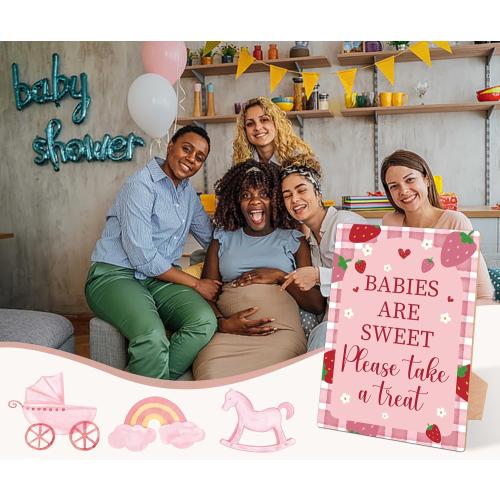 Strawberry Baby Shower Table Sign, Babies Are Sweet Please Take a Treat Sign, Pack of 1 Wooden Tabletop Sign with Stand, Berry Baby Shower Supplies, Gender Reveal Party Decorations - RG57