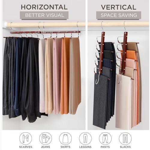 Pack of 2 Color Brown MORALVE Pants Hangers Space Saving - 2 Pack European Beechwood Scarf and Jean Hangers - Closet Organizer and Space Saver Pant Rack, Leggings Hanger, and Scarf Holder with 360° Swivel Hook