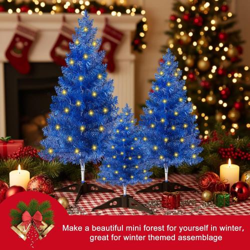 Realspring Blue 3 Pcs Mini Christmas Tree with Lights Tabletop 20/14/8 Inch Small Artificial Xmas Trees Miniature Pine Xmas Tree Bottle Brush Trees for Christmas Home Table Decor