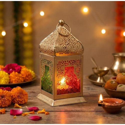 eSplanade Moroccan Lantern | Colored Glass Hanging Lamp | Tealight Holder | Home Decor | Red-Golden - 6.5 Inches (Multi-Golden)