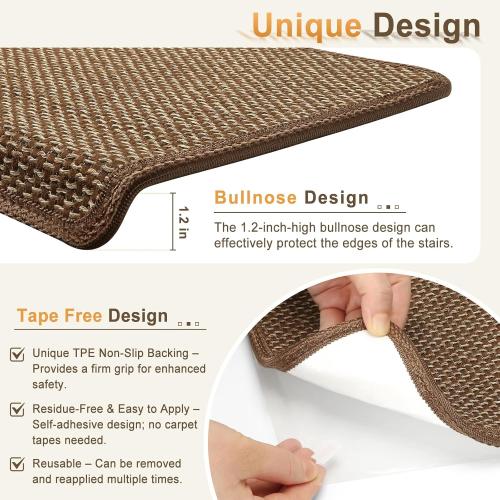 Bullnose Carpet Stair Treads Non Slip for Wooden Steps Indoor, 9.5 x 35 14 Pieces, Extra Wide Bull Nose Carpet Runners for Wood Stairs, Step Covers, Stair Tread Rugs, Washable, Brown