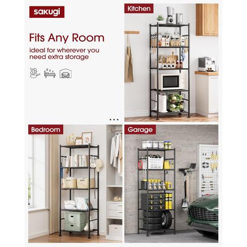 Sakugi Storage Shelves - 5-Tier Large Capacity Shelf Organizer with Hooks, Heavy-Duty Garage Shelving with Leveling Feet, Wobble-Free Rack for Bedroom, Balcony, Garage, Black
