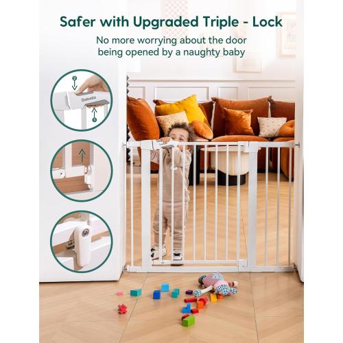 Babelio 29-43 Magnetic Baby Gate for Stairs,Doorways House,Kitchen,30 Tall Pet Door with Baffles,Pressure Mounted & Dual-Lock Design Safety for Kids Toddler,Auto-Close/Hold-Open,White