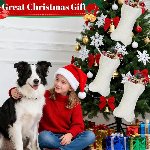 Dog Stockings Christmas Red Knit Christmas Stockings for Dogs Large Bone Shaped Hanging Xmas Stocking for Dogs Cats Pets (White)