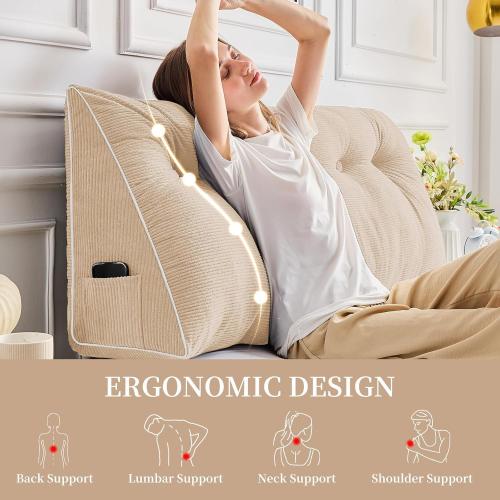 Sasttie Headboard Pillow Twin/Twin XL, Wedge Pillow Headboard for Dorm, Triangular Daybed Backrest Cushion for Sitting or Reading in Bed, with Removable Washable Cover, Beige