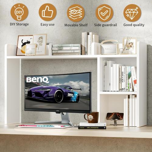 AQQHSAIN Desk Storage Hutch Wooden Desktop Bookshelf Multipurpose Desktop Bookshelf Storage Organizer Countertop Storage Hutch for Computer Desk Book Storage for Dorm Office Home (White)