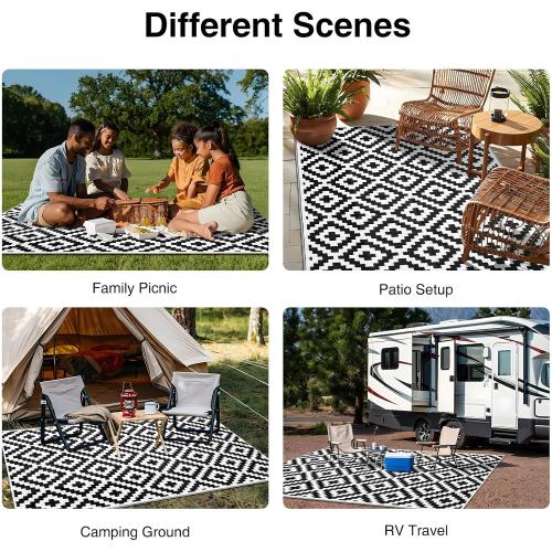 Waterproof Outdoor Rug 5x8 ft, Outdoor Plastic Straw Rug for Camping, RV Mat Outside, Indoor Outdoor Carpet for Porch, Deck, Backyard, Balcony, Picnic, Black & White
