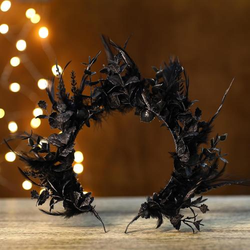 Color  Black Flower Halo Crown - Handmade Gothic Floral Headband with Feather for Women Witch Goth Wedding, Dark Halo Headband for Renaissance Cosplay Photo Shoot