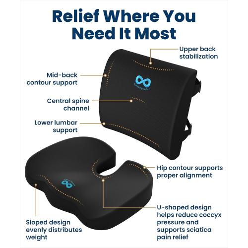 Everlasting Comfort Doctor Recommended Memory Foam Seat Cushion for Office Chairs & Car - Ergonomic Office Desk Accessories - Cushions for Tailbone Pain Relief, Sciatica (Black Airflow Lumbar, Large)