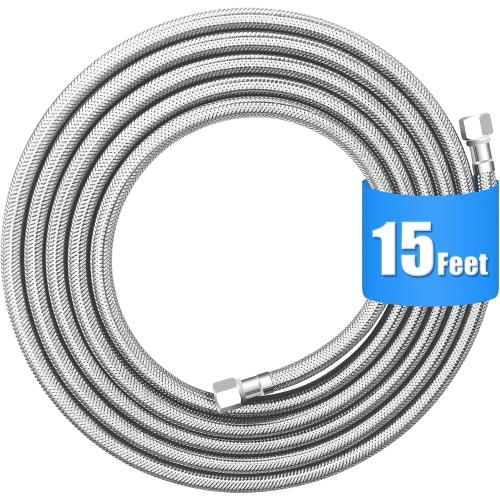 Refrigerator water line - 15 FT Premium Stainless Steel Braided Ice Maker Water Hose,Food grade PEX Inner Tube Fridge Water Line with 1/4 Fittings for Refrigerator Ice Maker