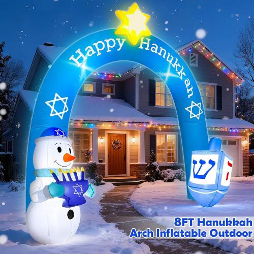 8 FT Hanukkah Inflatable Outdoor Decorations-Giant Chanukah Blow Up Inflatable Arch with Snowmen & Dreidel-Built in 5 LED Lights,Hanukkah Outdoor Decorations for Holiday Lawn Yard Garden Decor
