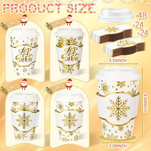 48 Sets 12 oz Christmas Disposable Paper Cups Gold Foil Winter Snowflake Coffee Cups with Lids and Sleeves Bulk for Hot Cold Tea Drinking Winter Birthday Wedding Holiday Party Favors