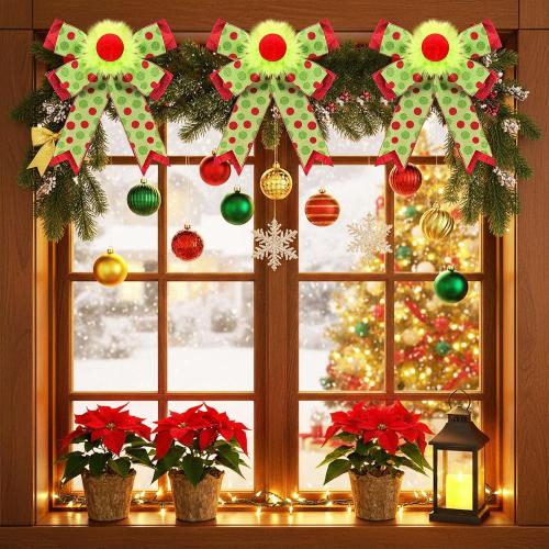 Suncalla 2 Pack Red Green Christmas Bows Decorations 9x13 Large Plush Wreath Bows Ornaments with Green Red Dot for Xmas Tree Home Fence Stairs Fireplace Front Garland Indoor Outdoor Decor
