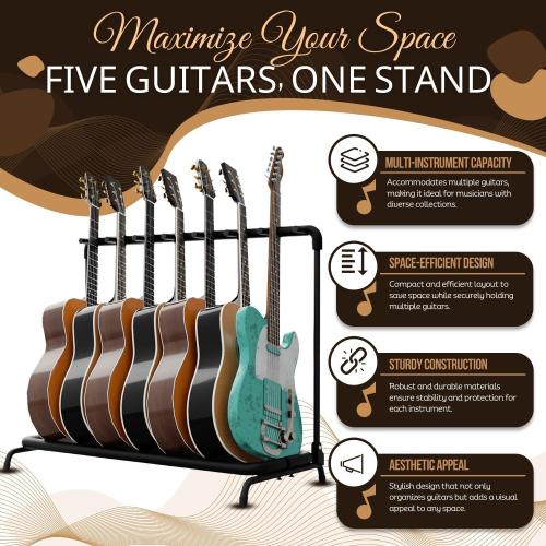 Flexzion 7 Guitar Stand Rack - Metal Construction Multi Guitar Rack & Guitar Organizer, Foldable 7 Guitar Holder Stand with Padded Foam Tubing for Electric, Acoustic, Classical Guitars & Basses