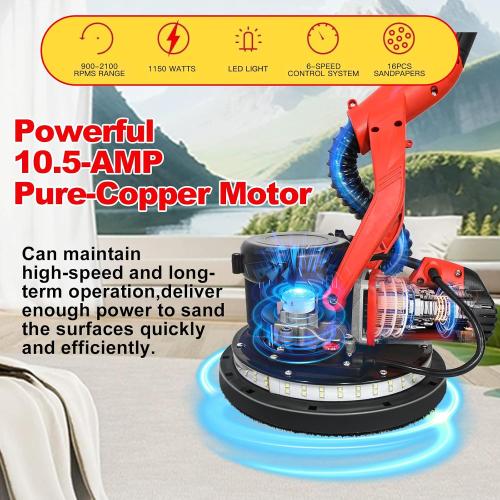 Drywall Sander, 1150W Electric Drywall Sander with Vacuum Dust Collector, 7.2A Popcorn Ceiling Removal Tool, 6 Variable Speed 900-2100RPM, Pure-Copper Motor, IP20 Waterproof,Extendable Handle