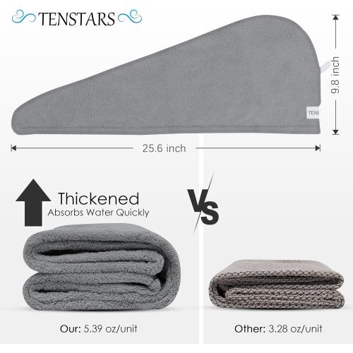 TENSTARS 5 Pack Thicken Microfiber Hair Towel Wrap for Women - Elastic Loop Design - 320GSM Coral Velvet - Quick Dry Hair Turban - 11x28 Inch (Grey Pink Brown FrozenBlue FrozenBerry)