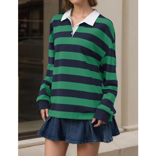 Women Long Sleeve Striped Polo Shirt Oversized Collar Y2k Pullover T Shirt Casual Loose Streetwear Rugby Sweatshirt medium