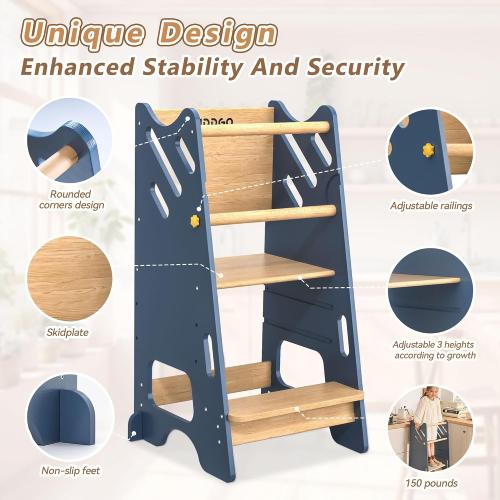 Toddler Standing Tower with Safty Rail & Non-Slip Pads, 3 Height Adjustable Toddler Tower with Chalkboard, Great for Kitchen Activities, Hand Washing & Creative Play, Blue