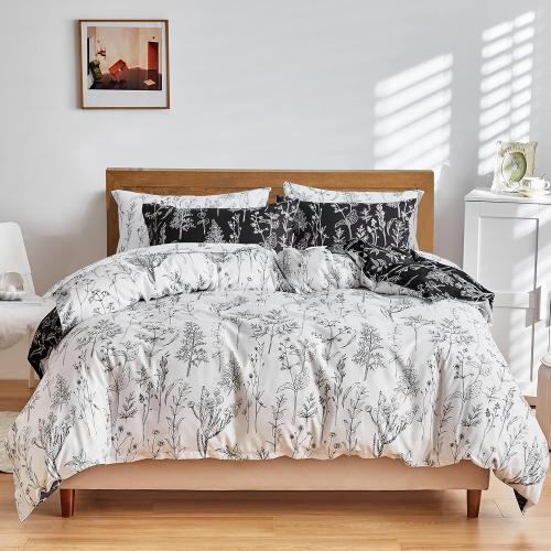 Joyreap 7 Piece Bed in a Bag, Botanical Bedding Set Queen Size Comforter Set for All Season- Black n White Reversible Design- 1 Comforter, 2 Pillow Shams, 1 Flat Sheet, 1 Fitted Sheet, 2 Pillowcases