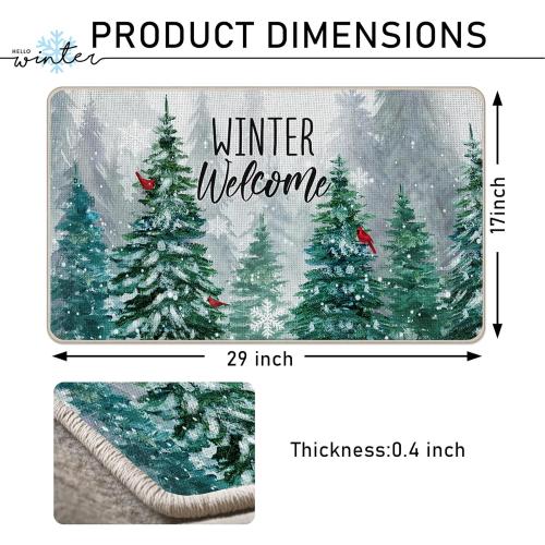 Winter Welcome Decorative Front Door Mat, Farmhouse Pine Tree Cardinal Red Bird Doormat Indoor Outdoor Non-Slip Floor Entryway Rug, Snowflake Forest Christmas Home Kitchen Decoration 17x29