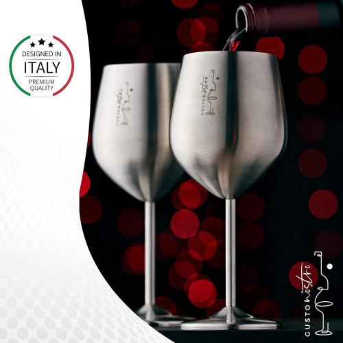Gusto Nostro Stainless Steel Wine Glass - 18 oz - Cute, Unbreakable Wine Glasses for Travel, Camping and Pool - Fancy, Unique and Cool Portable Metal Wine Glass for Outdoor Events, Picnics (Set of 4)