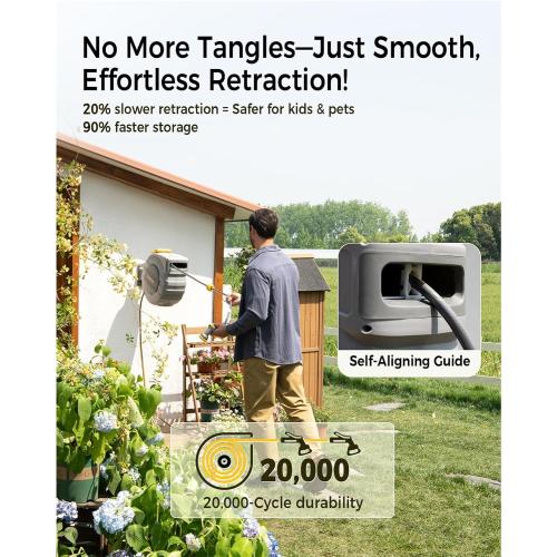 Grey and Yellow Retractable Garden Hose Reel 5/8 in x 100 ft Upgraded UV Resistant Heavy Duty Automatic Hose Reel Wall Mount 3/4 in Brass Fitting 9 Pattern Nozzle Any Length Lock Slow Retraction 180° Swivel