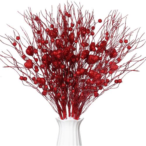 Geyoga 12 Pcs Floral Picks 16 Inch Glitter Heart Picks Bulk Red Pink Heart Shaped Berry Stem Picks for Tree Topper Wedding Table Vase Decor (Red)