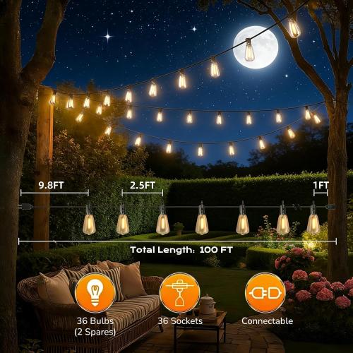 Outdoor String Lights, ST38 Bulbs Shatterproof Patio Lights, Waterproof Dimmable Outside Hanging Light, Connectable LED Outdoor Lights for Backyard, Porch, Party, Garden, Home Decor
