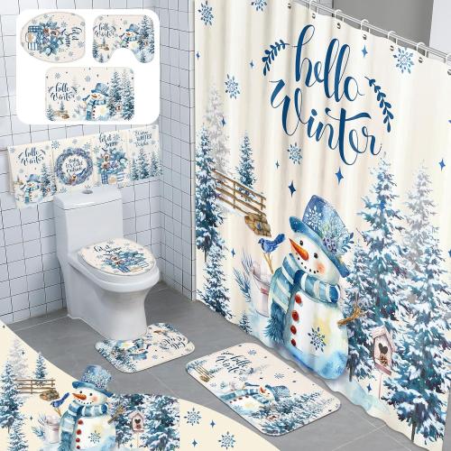 Tranqun 8 Pcs Hello Winter Shower Curtain Set Bathroom Decor Snowman Waterproof Shower Curtain Towels Snowflake Cedar Non Slip Rug Toilet Lid Cover Bath Mat with 12 Hooks for Home Decor