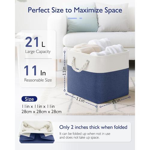 11 Inch Cube Storage Bins, 6 Pack Fabric Storage Cubes with Rope Handles, Organizer Baskets for Closet Shelves, Clothes and Home Organization(White/Blue)