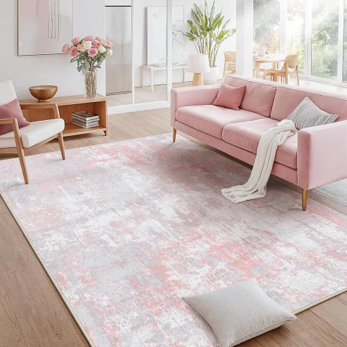 Washable Area Rugs Size  5'x7 Color pink ' Non-Slip Modern Abstract Soft for Living Room Entryway Bedroom Nursery, Print Pattern, Grey Pink