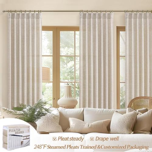 Pinch Pleat Semi Sheer Curtains 84 Inches Long for Bedroom,Elegant Natural Beige Faux Linen Light Filtering Heat Textured Curtains 2 Panels Set with Track Hooks/Rings for Living Room Windows W40 xL84