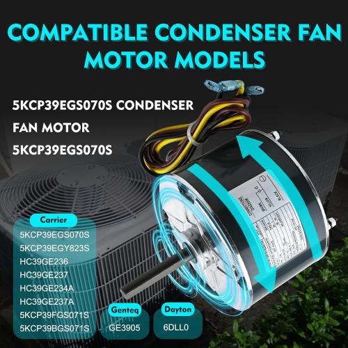 Condenser Motor Replaces Carrier # 5KCP39EGS070S, HC39GE237, 5KCP39EGY823S, Genteq GE3905, Dayton 6DLL0, Bryant Payne HC39GE234A etc AC/Air Conditioner, 1/4HP 1100 RPM with Capacitor, 3-Year Warranty