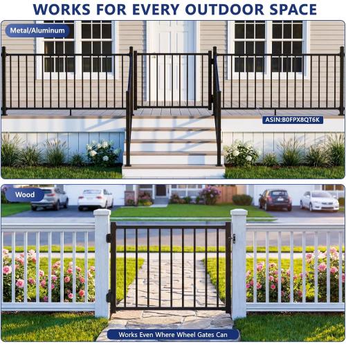 W.4ft x H.36in Aluminum Deck Gate Outdoor, Cuttable Porch Gate Kit with Latch and Auto-Closing Hinge, AAMA 2604–Grade Sand-Texture Black Outdoor Gate for Deck Railing Patios, Porch, Garden