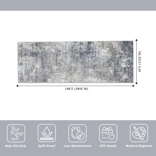 4x10 Wide Runner Rug for Hallway, Washable Non Slip Long Kitchen Rug, Soft Low Pile Carpet for Entryway Bedroom, Modern Abstract Area Rug (Blue Grey,4x10)