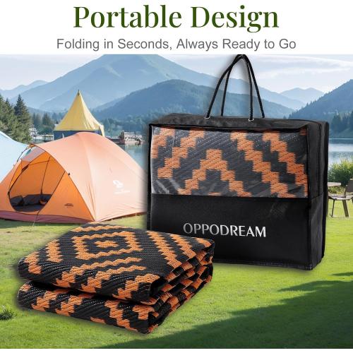 Black and Orange OPPODREAM Outdoor Rug Patio Waterproof, Large Outdoor Plastic Straw Rug, Reversible Out Door Carpet for Camping, Deck, Rv, Area Carpet for Balcony, Porch, Backyard