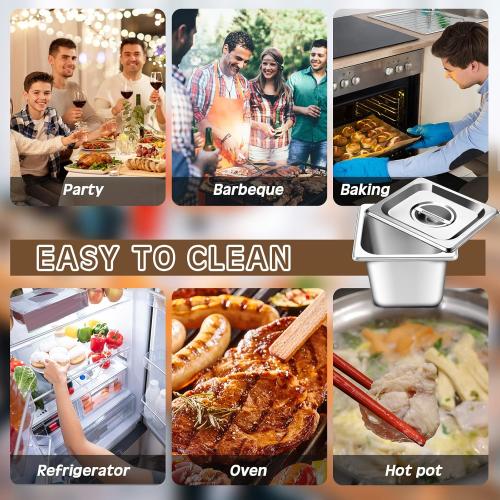 Baderke 4 Pack 1/6 Size Hotel Steam Table Pans with Lids, 6 Inch Deep 0.7 mm Thick 304 Stainless Steel Hotel Pans for Food Warmer, Cooking, Catering, Buffet and Commercial Kitchen Use