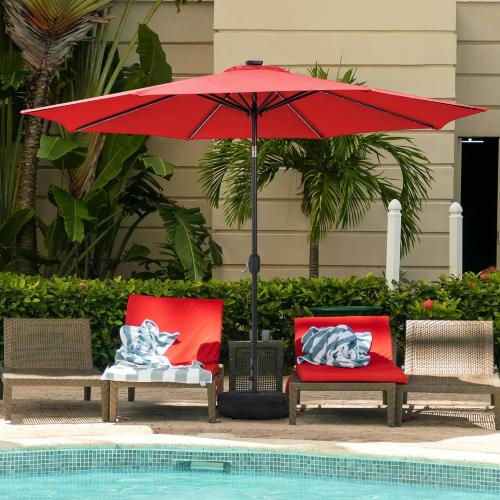 Sundale Outdoor OLEFIN Solar Patio Umbrella with Sand Bag Umbrella Base, LED Outdoor Umbrella with Tilt and Crank