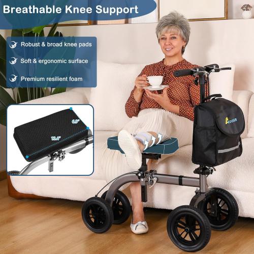 Collapsible All Terrain Knee Scooter for Adults for Foot Surgery, Adjustable Knee Walker Cart Scooters with Basket, Clearance Knee Crutchs Alternative for Broken Leg Ankle Injuries, Dual Brakes, Grey