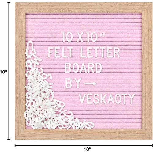 Felt Letter Board with 294 Letters, Numbers & Symbols - 10 x 10 inch Changeable Message Board with Wooden Frame Wall Mount Hook, Pink & Wood