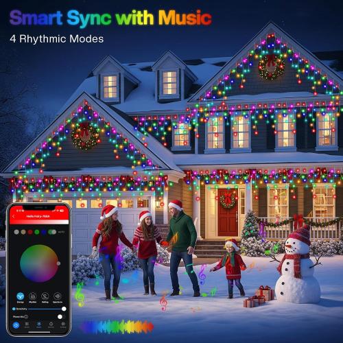 33FT Smart RGB Christmas Icicle Lights – APP Control LED String Lights for Outside, Music Sync, DIY Color Changing, 58  Modes, Connect 3 Strands (99FT) – Waterproof Icicle for Roof, Tree, House