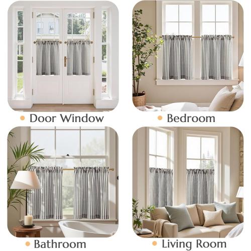 jinchan Linen Kitchen Curtains 24 Inch Length Striped Tier Curtains Ticking Stripe Small Drapes for Living Room Bathroom Cafe Small Window Farmhouse Rustic Pinstripe Rod Pocket 2 Panels Black