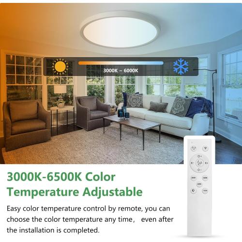20 Inch Large LED Flush Mount Ceiling Light with Remote, 40W,4350LM, 3000K-6000K Selectable, White Round Flat Panel Low Profile Ceiling Light Fitures for Hallway, Kitchen, Bedroom, Laundry Room